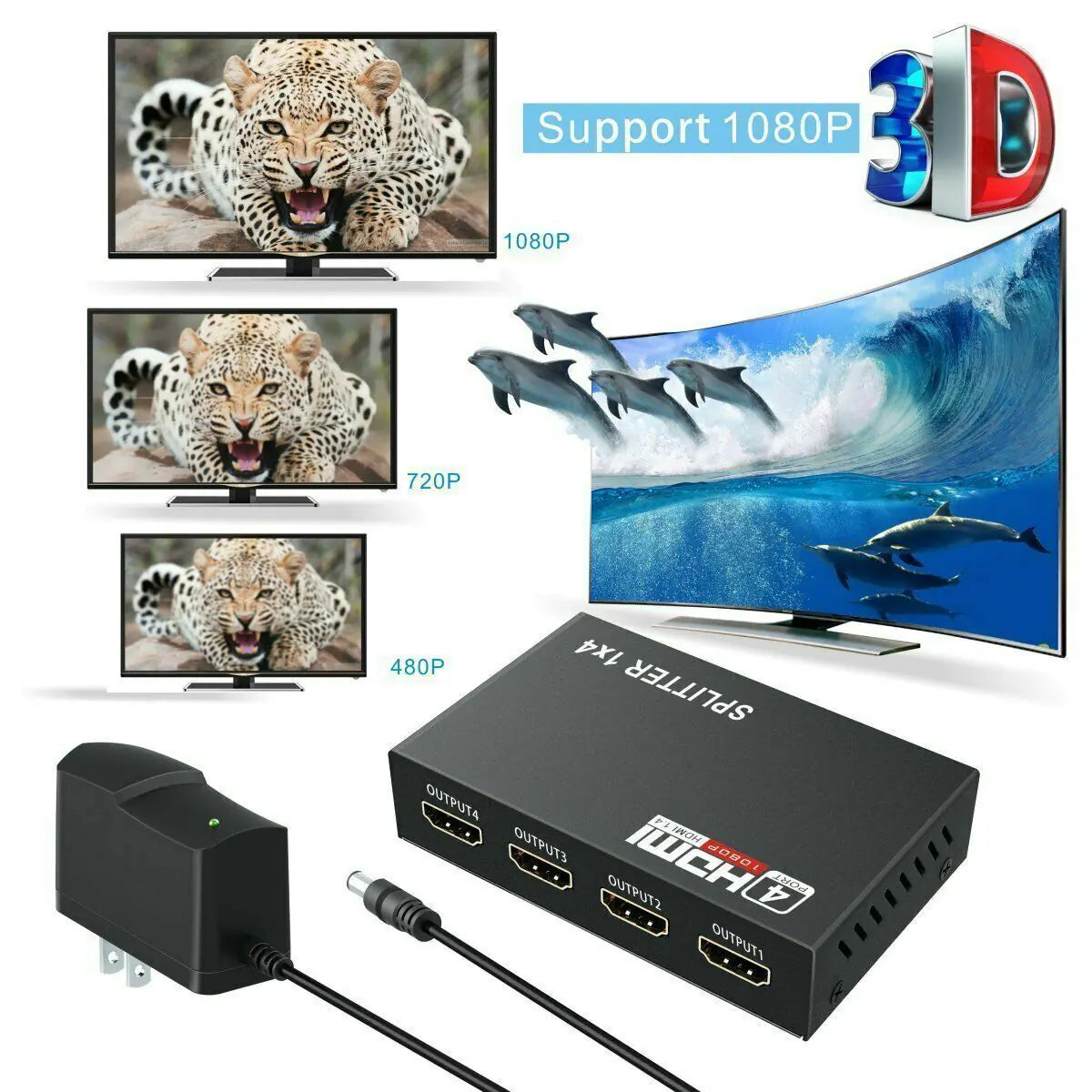 4 Port HDMI 4K Hub Multi Splitter & Amplifier For 3D HDTV 1080P 1X4 1 In 4 Out